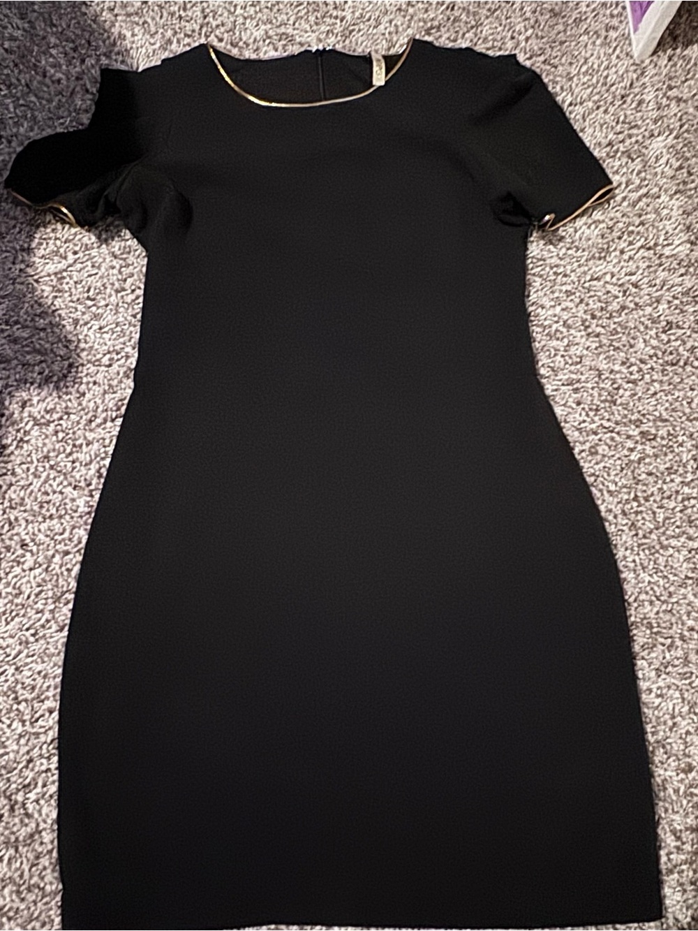Classic Black Short-Sleeve Sheath Dress with Gold Trim
